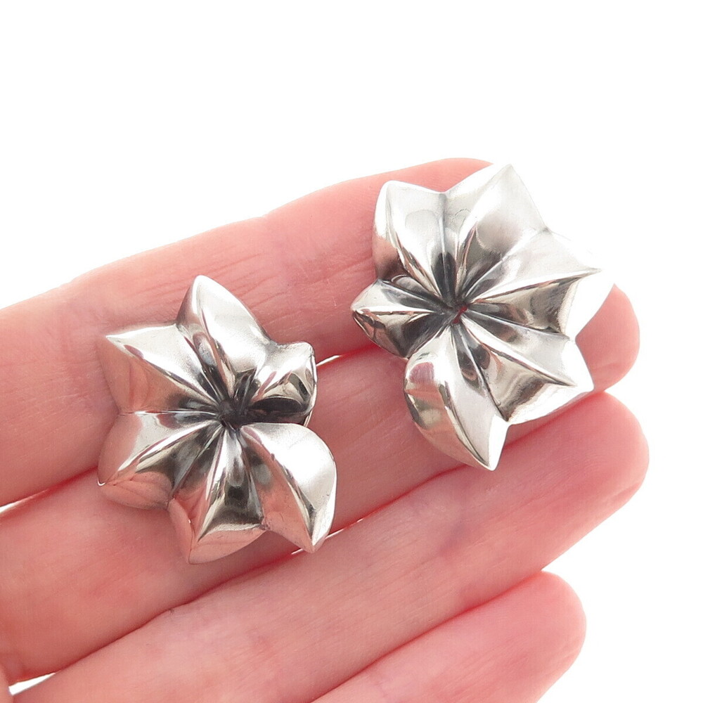 925 Sterling Silver Vintage Modernist Floral Oxidized Omega Back Earrings